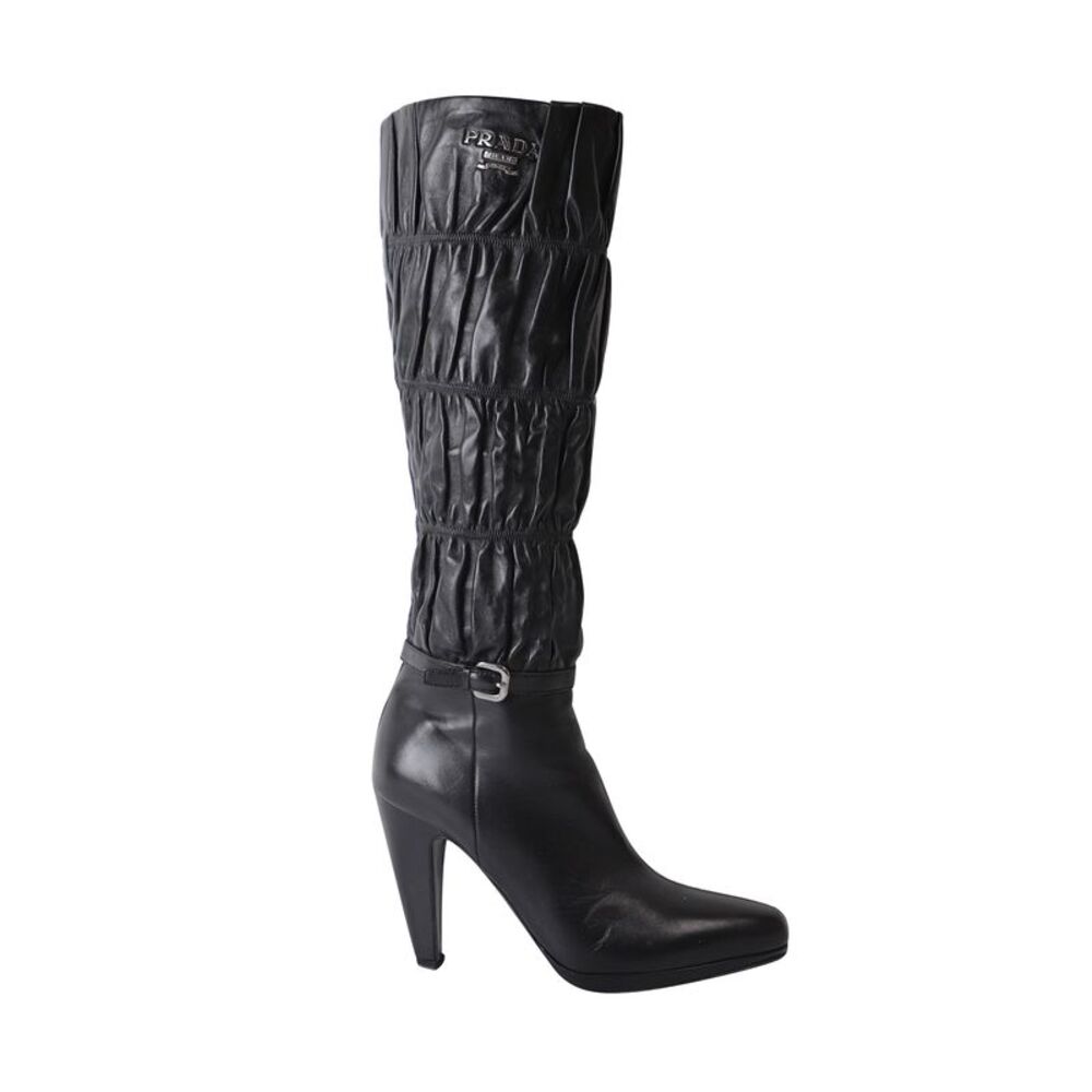 Prada Ruched High Heel Knee Boots in Black Leather